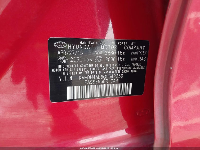 2016 Hyundai Elantra VIN KMHDH4AE6GU542259 IAAI salvage auction — REAR END, Salvage (Oregon), sold $25 on 2026-07-21 (photo 9)