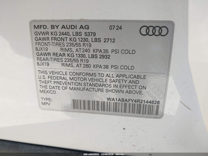 2024 Audi Q5 VIN WA1ABAFY4R2144826 IAAI salvage auction — RIGHT REAR, Salvage Title, sold $12,100 on 2026-07-29 (photo 9)