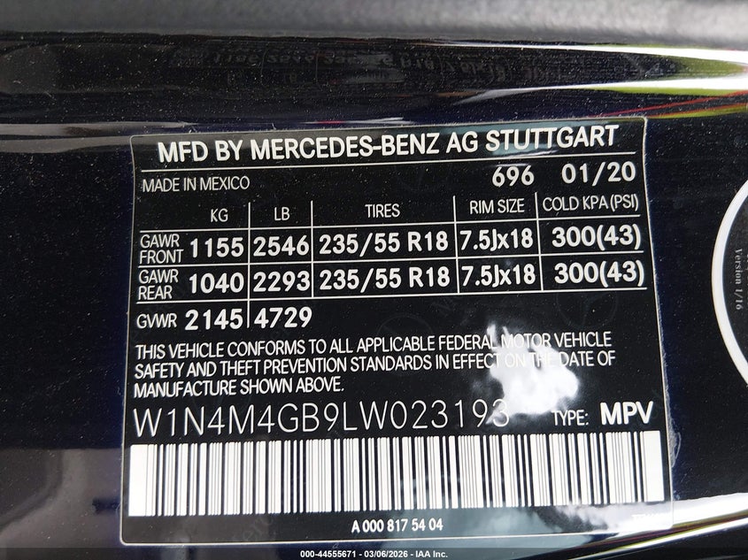 2020 Mercedes-benz Glb-class VIN W1N4M4GB9LW023193 IAAI salvage auction — REAR END, Original (Texas), sold $6,200 on 2026-07-28 (photo 9)