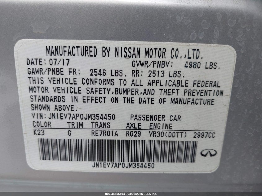 2018 Infiniti Q50 VIN JN1EV7AP0JM354450 IAAI salvage auction — FRONT END, Salvage Title, sold $1,775 on 2026-07-14 (photo 9)