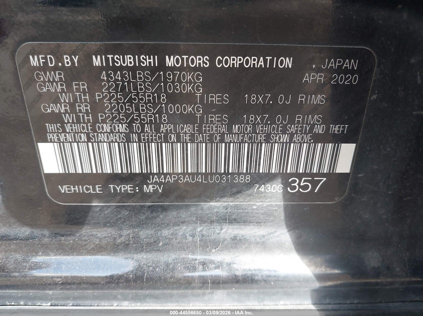 2020 Mitsubishi Outlander VIN JA4AP3AU4LU031388 IAAI salvage auction — FRONT END, Salvage Title, sold $775 on 2026-07-29 (photo 9)