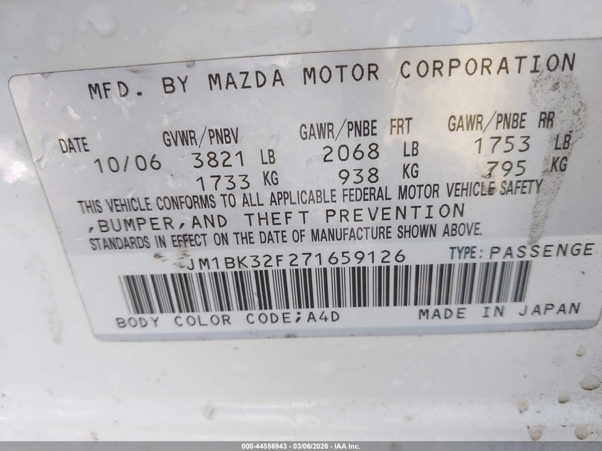 2007 Mazda 3 VIN JM1BK32F271659126 IAAI salvage auction — RIGHT FRONT, Salvage (Hawaii), sold $300 on 2026-07-28 (photo 9)