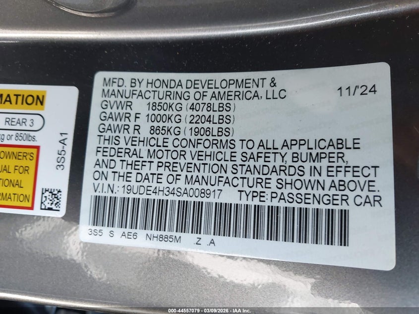2025 Acura Integra VIN 19UDE4H34SA008917 IAAI salvage auction — LEFT FRONT, Salvage (North Carolina), sold $11,200 on 2026-07-31 (photo 9)