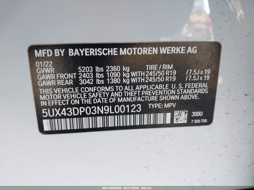 2022 BMW X3 VIN 5UX43DP03N9L00123 IAAI salvage auction — FRONT END, Salvage (California), sold $9,100 on 2026-08-21 (photo 9)