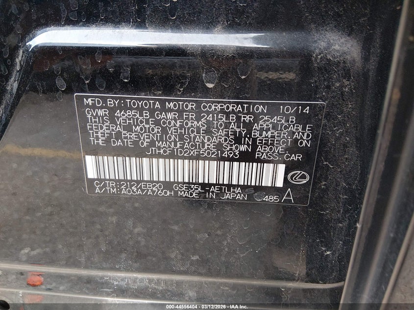 2015 Lexus Is VIN JTHCF1D2XF5021493 IAAI salvage auction — FRONT END, Salvage (Colorado), sold $4,200 on 2026-07-28 (photo 9)
