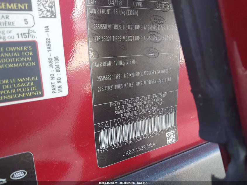2018 Land rover Range rover sport VIN SALWV2SV5JA804136 IAAI salvage auction — FRONT END, Salvage (California), sold $6,300 on 2026-07-22 (photo 9)