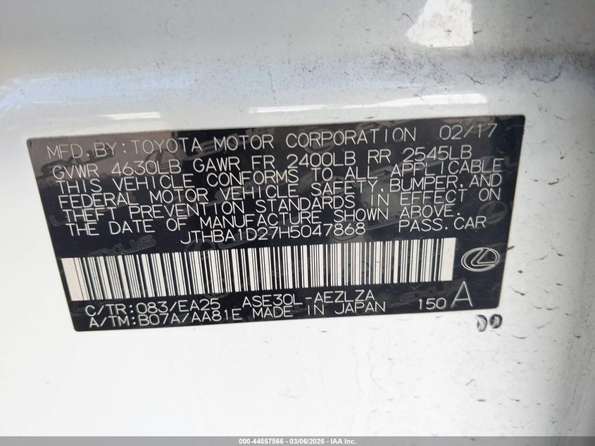 2017 Lexus VIN JTHBA1D27H5047868 IAAI salvage auction — FRONT END, Salvage Title, sold $5,900 on 2026-07-06 (photo 9)