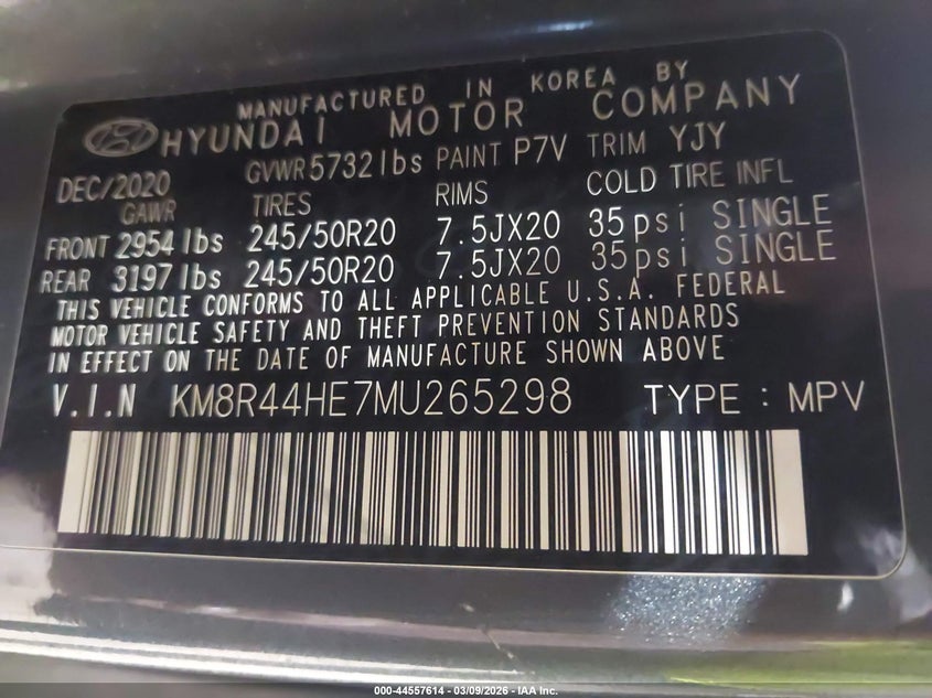 2021 Hyundai Palisade VIN KM8R44HE7MU265298 IAAI salvage auction — LEFT FRONT, Salvage Title, sold $6,300 on 2026-07-15 (photo 9)