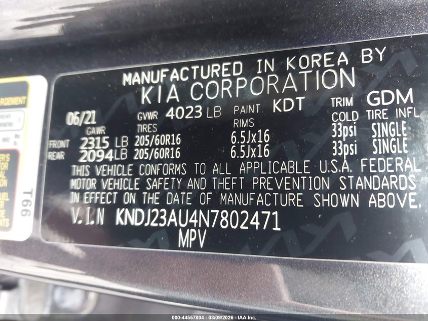 2022 Kia Soul VIN KNDJ23AU4N7802471 IAAI salvage auction — LEFT REAR, Salvage Title, sold $2,150 on 2026-07-08 (photo 9)