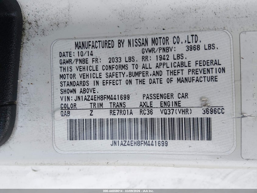 2015 Nissan 370z VIN JN1AZ4EH8FM441699 IAAI salvage auction — FRONT END, Original (Kentucky), sold $5,075 on 2026-07-27 (photo 9)