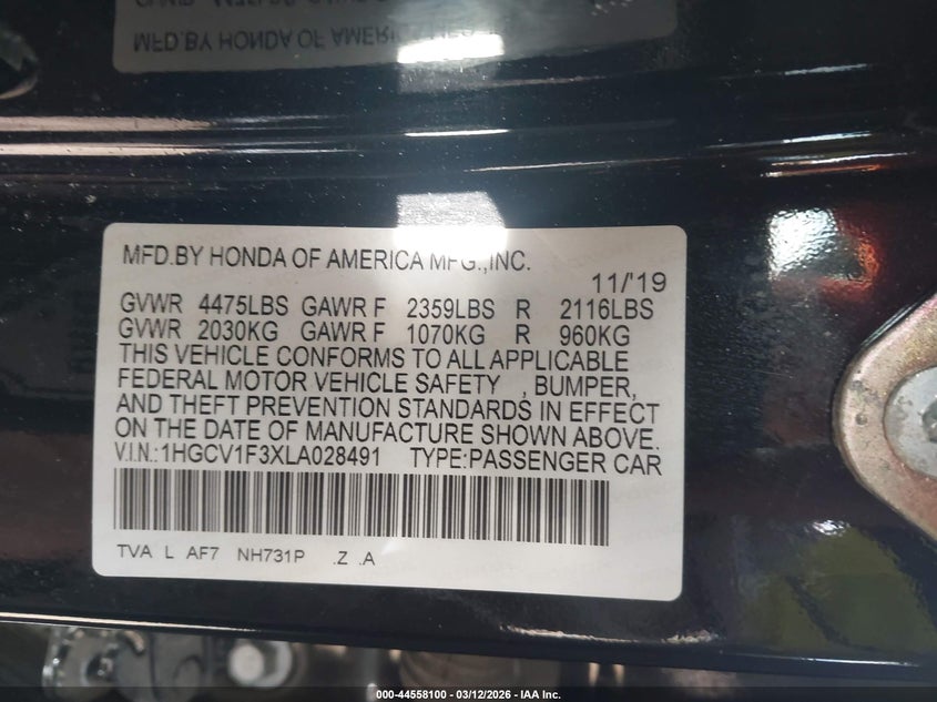 2020 Honda Accord VIN 1HGCV1F3XLA028491 IAAI salvage auction — FRONT END, Salvage (Texas), sold $6,800 on 2026-08-01 (photo 9)