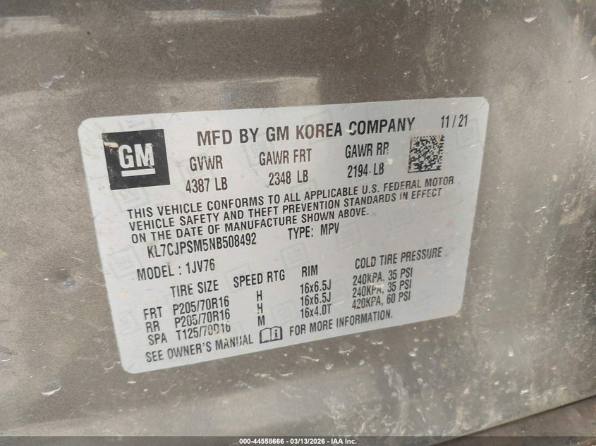2022 Chevrolet Trax VIN KL7CJPSM5NB508492 IAAI salvage auction — BIO HAZARD, Salvage Title, sold $575 on 2026-07-23 (photo 9)