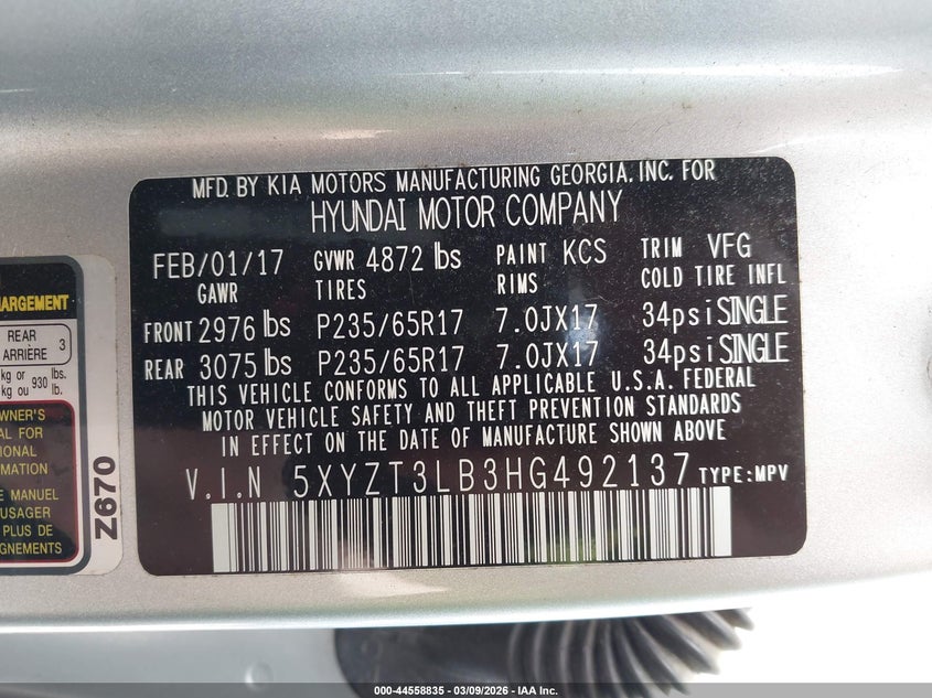 2017 Hyundai Santa fe VIN 5XYZT3LB3HG492137 IAAI salvage auction — RIGHT FRONT, Salvage (Texas), sold $2,200 on 2026-07-14 (photo 9)