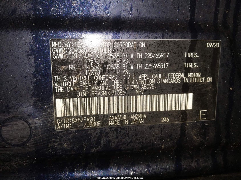 2021 Toyota Rav 4 VIN JTMP1RFV3MD071386 IAAI salvage auction — RIGHT SIDE, Salvage Title, sold $7,800 on 2026-07-27 (photo 9)