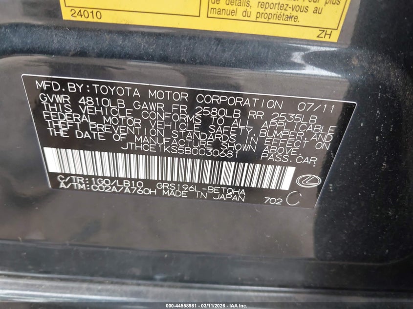 2011 Lexus Gs VIN JTHCE1KS5B0030681 IAAI salvage auction — FRONT END, Clear (Virginia), sold $800 on 2026-07-10 (photo 9)