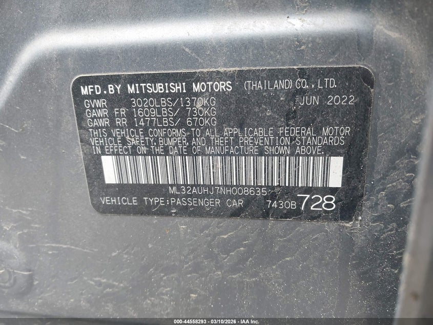 2022 Mitsubishi Mirage VIN ML32AUHJ7NH008635 IAAI salvage auction — FRONT END, Salvage Title, sold $2,100 on 2026-07-15 (photo 9)