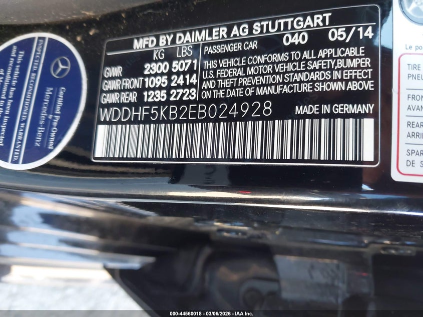 2014 Mercedes-benz E-klasse VIN WDDHF5KB2EB024928 IAAI salvage auction — THEFT, Salvage Title, sold $5,100 on 2026-08-07 (photo 9)