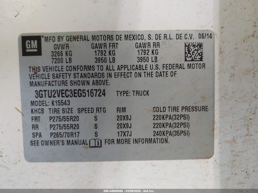 2014 Gmc SIERRA VIN 3GTU2VEC3EG516724 IAAI salvage auction — FRONT & REAR, Salvage Title, sold $2,150 on 2026-08-03 (photo 9)