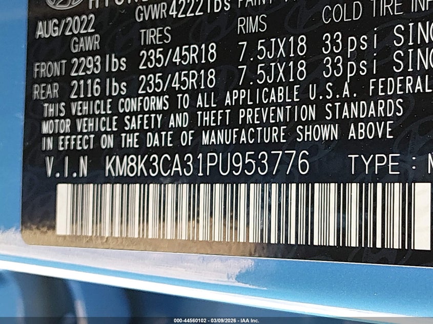 2023 Hyundai Kona VIN KM8K3CA31PU953776 IAAI salvage auction — LEFT SIDE, Salvage (Oklahoma), sold $75 on 2026-07-28 (photo 9)
