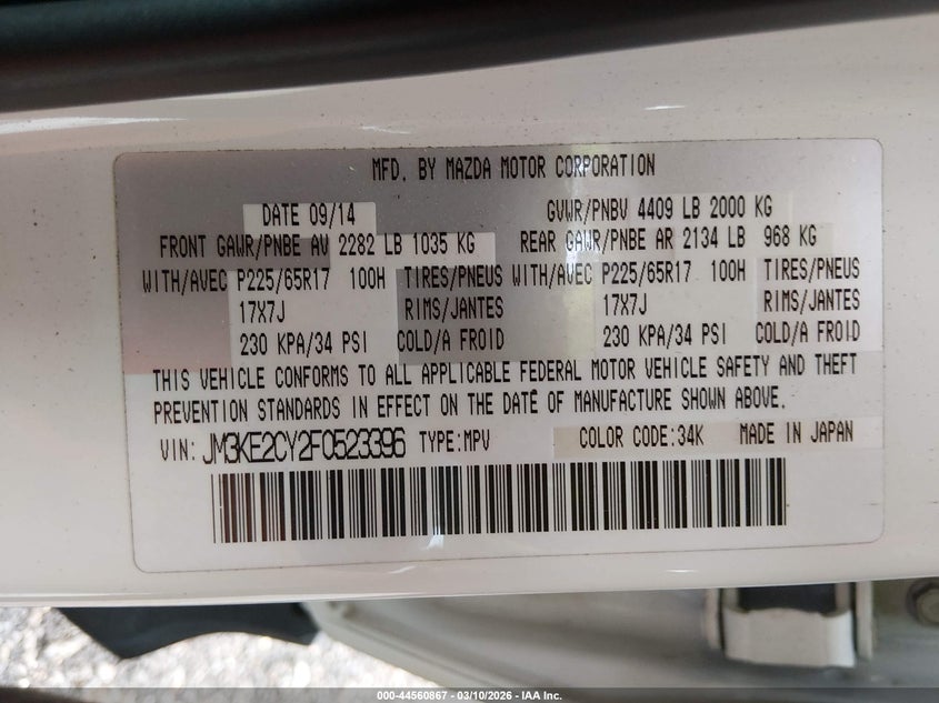 2015 Mazda Cx-5 VIN JM3KE2CY2F0523396 IAAI salvage auction — FRONT END, Salvage Title, sold $1,750 on 2026-07-30 (photo 9)
