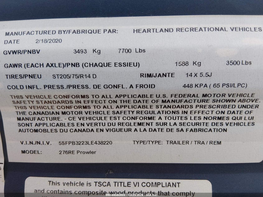 2020 VIN 5SFPB3223LE438220 IAAI salvage auction — RIGHT FRONT, Salvage Title, sold $5,200 on 2026-07-16 (photo 9)
