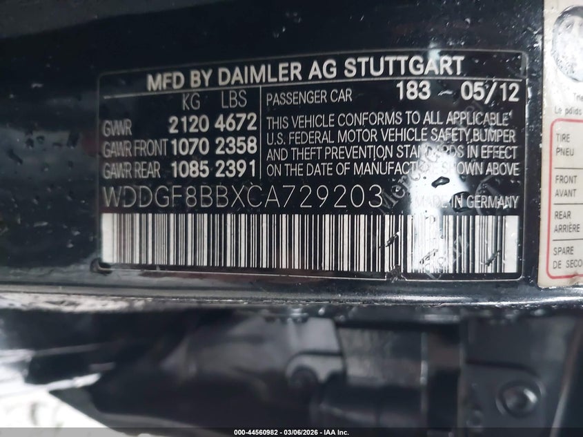 2012 Mercedes-benz C-klasse VIN WDDGF8BBXCA729203 IAAI salvage auction — REAR END, Salvage Title, sold $1,450 on 2026-08-14 (photo 9)