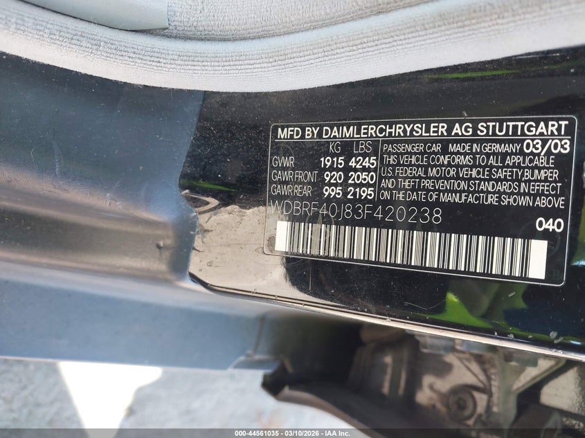 2003 Mercedes-benz C-klasse VIN WDBRF40J83F420238 IAAI salvage auction — NORMAL WEAR, Clear-Dealer Only (Texas), sold $550 on 2026-07-13 (photo 9)