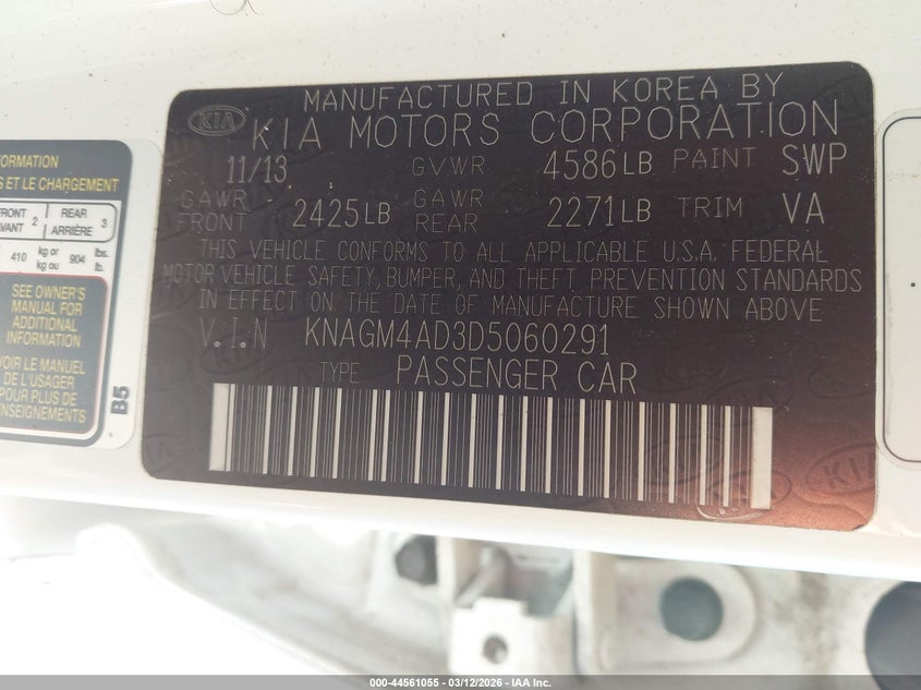 2013 Kia Optima VIN KNAGM4AD3D5060291 IAAI salvage auction — RIGHT SIDE, Salvage Title, sold $700 on 2026-07-23 (photo 9)
