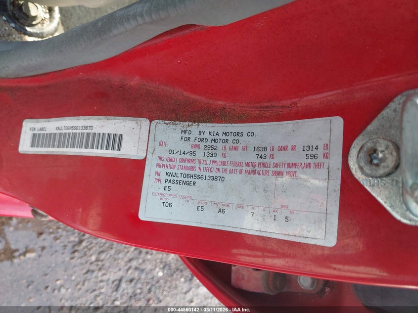 1995 Ford Aspire VIN KNJLT06H5S6133870 IAAI salvage auction — RIGHT SIDE, Bill Of Sale (Texas), sold $100 on 2026-07-21 (photo 9)
