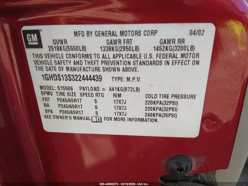 2002 Oldsmobile Bravada VIN 1GHDS13S322444439 IAAI salvage auction — LEFT & RIGHT, Salvage (New Jersey), sold $400 on 2026-07-30 (photo 9)
