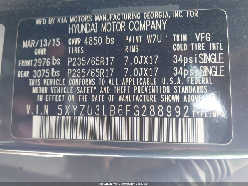 2015 Hyundai Santa fe VIN 5XYZU3LB6FG288992 IAAI salvage auction — REAR END, Salvage (North Carolina), sold $1,600 on 2026-07-29 (photo 9)