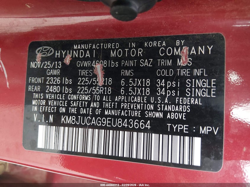 2014 Hyundai Tucson VIN KM8JUCAG9EU843664 IAAI salvage auction — RIGHT REAR, Salvage (Arkansas), sold $925 on 2026-07-29 (photo 9)