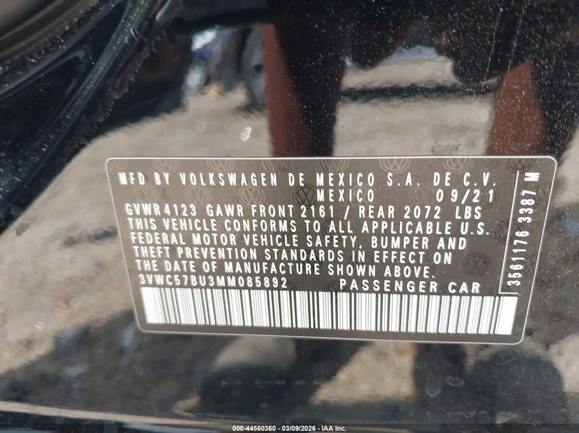 2021 Volkswagen Jetta VIN 3VWC57BU3MM085892 IAAI salvage auction — REAR END, Original (Texas), sold $4,950 on 2026-07-09 (photo 9)
