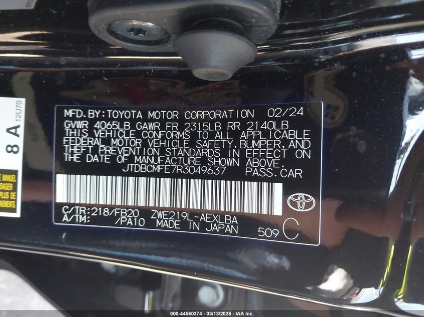 2024 Toyota Corolla VIN JTDBCMFE7R3049637 IAAI salvage auction — UNKNOWN, Salvage Title, sold $5,650 on 2026-07-28 (photo 9)