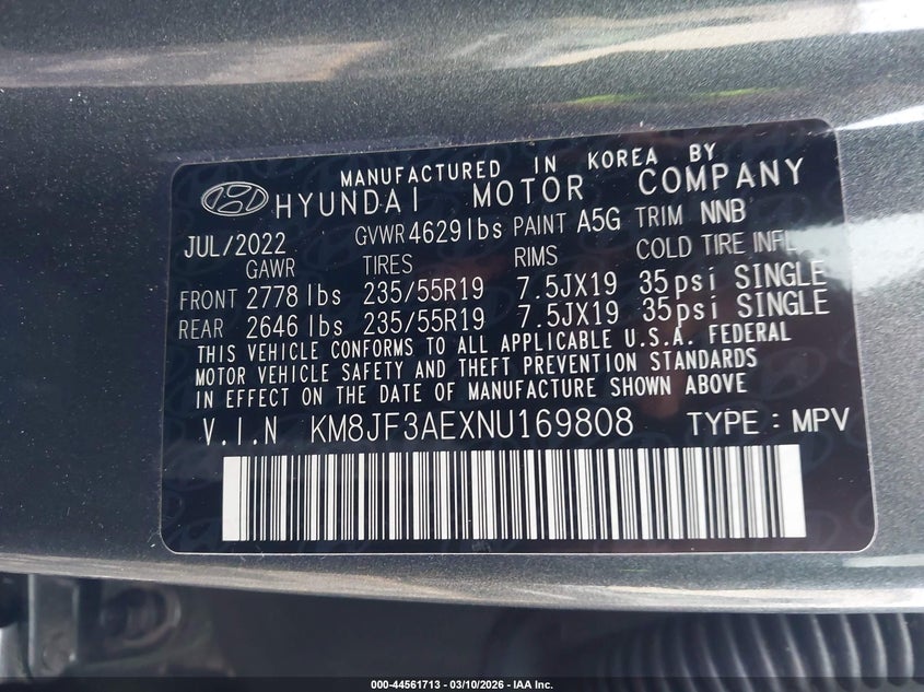 2022 Hyundai Tucson VIN KM8JF3AEXNU169808 IAAI salvage auction — FRONT END, Salvage Title, sold $6,300 on 2026-07-15 (photo 9)