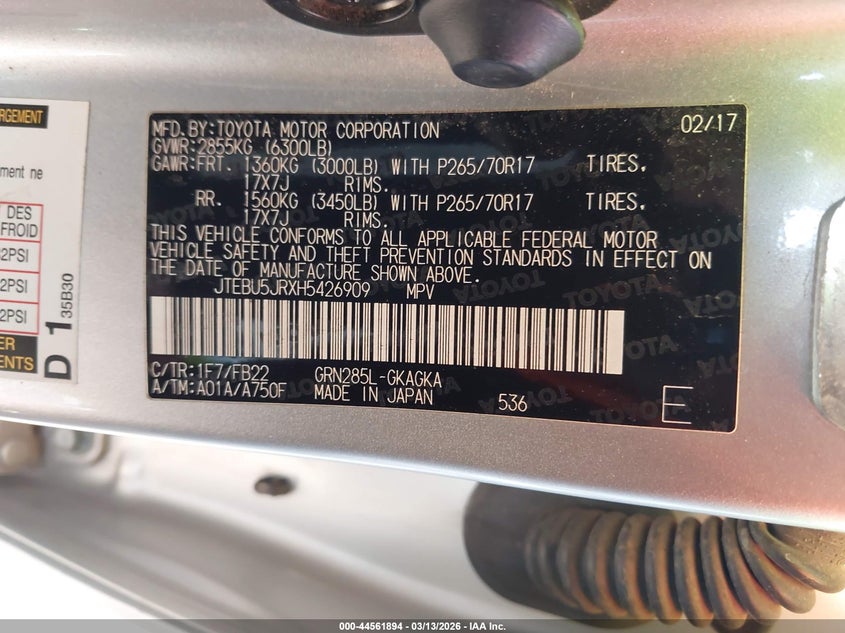 2017 Toyota 4runner VIN JTEBU5JRXH5426909 IAAI salvage auction — FRONT END, Salvage Title, sold $6,800 on 2026-07-14 (photo 9)