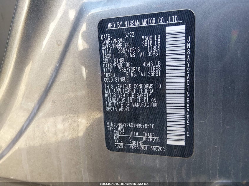 2022 Nissan Armada VIN JN8AY2AD1N9676510 IAAI salvage auction — LEFT SIDE, Salvage Title, sold $14,700 on 2026-07-09 (photo 9)