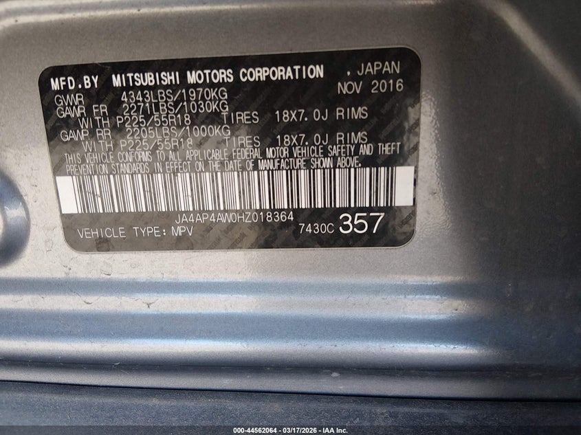2017 Mitsubishi Outlander VIN JA4AP4AW0HZ018364 IAAI salvage auction — SIDE, Salvage (Colorado), sold $1,950 on 2026-07-14 (photo 9)