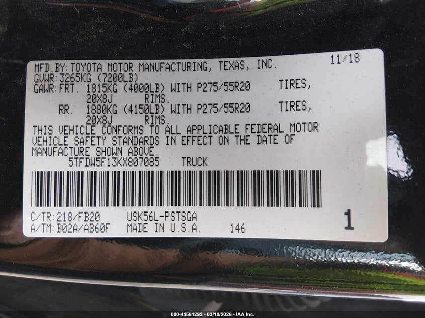 2019 Toyota Tundra VIN 5TFDW5F13KX807085 IAAI salvage auction — FRONT END, Salvage (West Virginia), sold $15,525 on 2026-07-16 (photo 9)