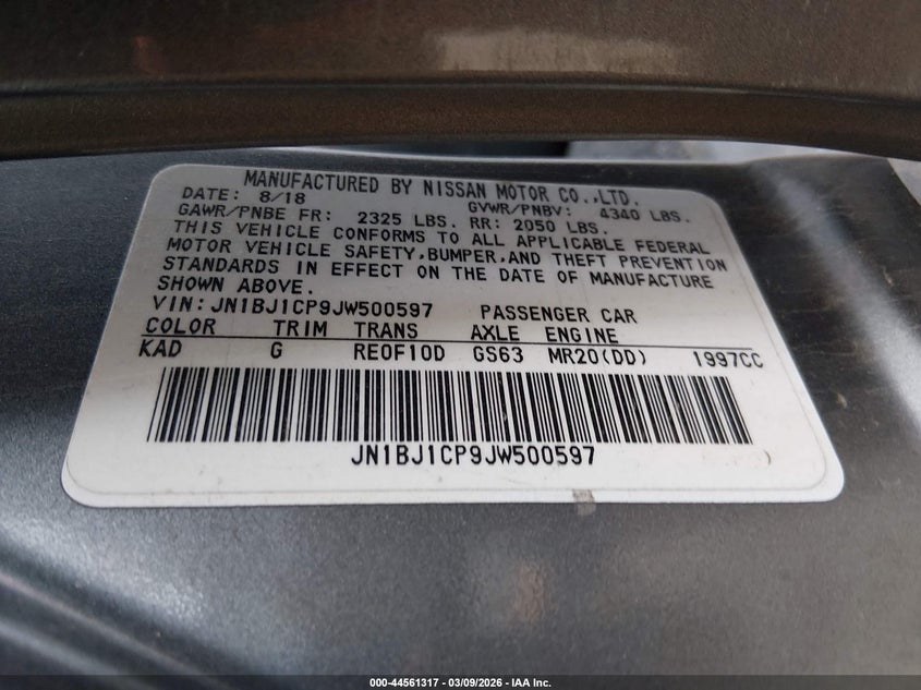 2018 Nissan Rogue VIN JN1BJ1CP9JW500597 IAAI salvage auction — LEFT REAR, Salvage Title, sold $2,150 on 2026-07-23 (photo 9)