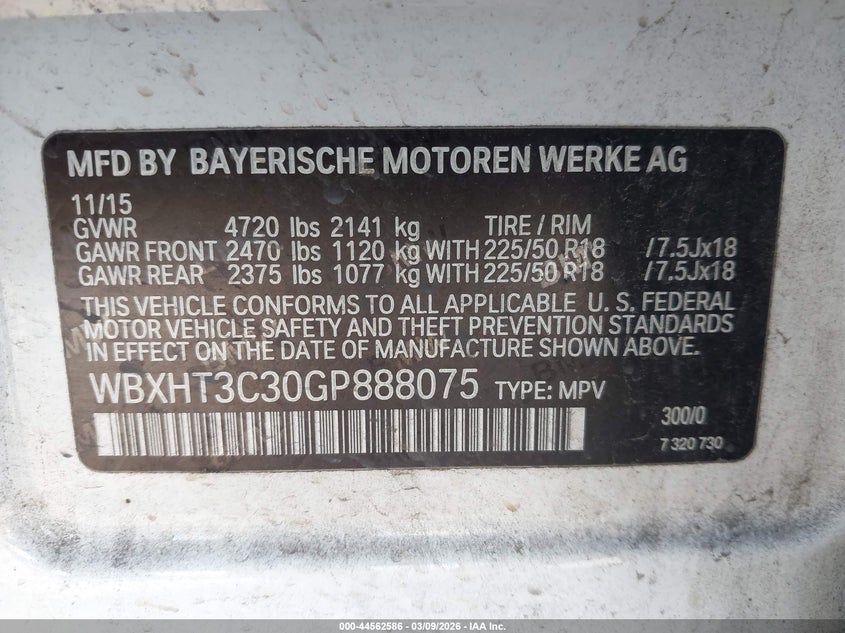 2016 BMW X1 VIN WBXHT3C30GP888075 IAAI salvage auction — LEFT FRONT, Salvage Title, sold $75 on 2026-07-22 (photo 9)