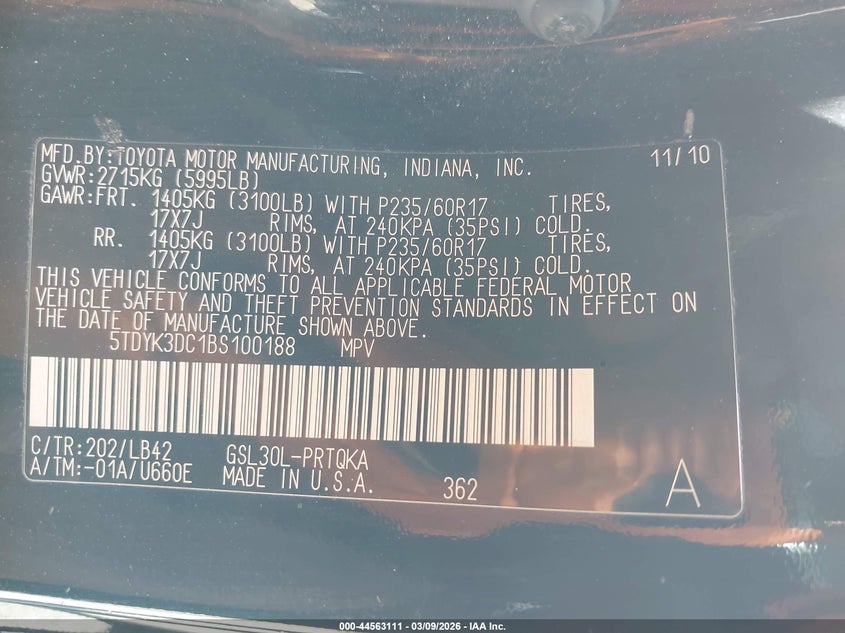 2011 Toyota Sienna VIN 5TDYK3DC1BS100188 IAAI salvage auction — REAR END, Salvage (Kansas), sold $1,650 on 2026-07-12 (photo 9)