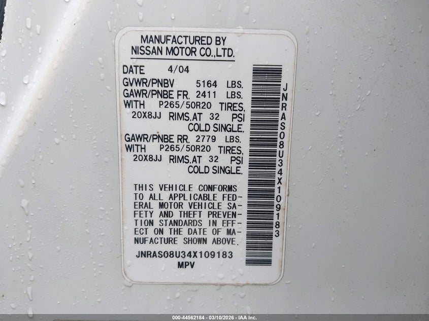 2004 Infiniti Fx35 VIN JNRAS08U34X109183 IAAI salvage auction — NORMAL WEAR, Clear (Tennessee), sold $1,050 on 2026-07-15 (photo 9)