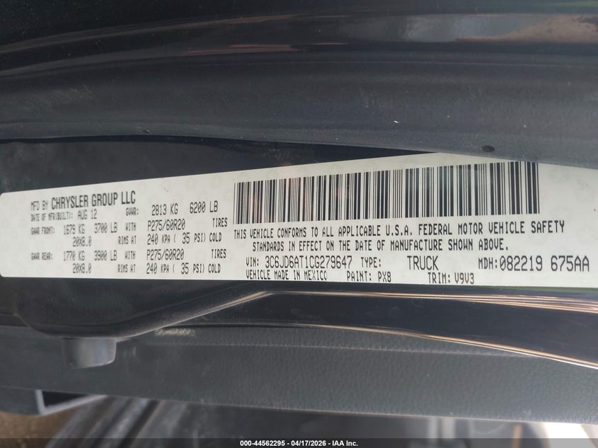2012 Ram 1500 VIN 3C6JD6AT1CG279647 IAAI salvage auction — ROLLOVER, Clear (Oklahoma), sold $575 on 2026-08-26 (photo 9)