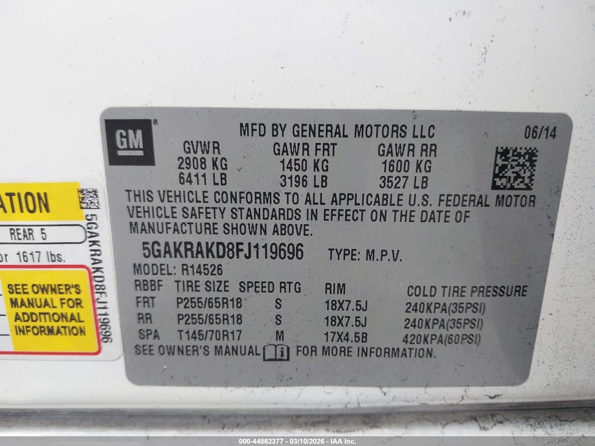 2015 Buick Enclave VIN 5GAKRAKD8FJ119696 IAAI salvage auction — LEFT SIDE, Salvage Title, sold $925 on 2026-07-09 (photo 9)