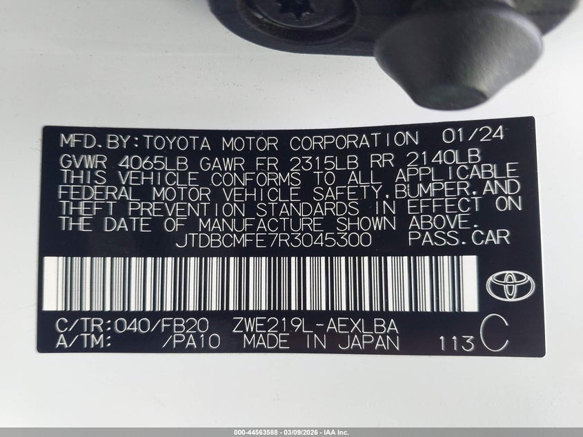 2024 Toyota Corolla VIN JTDBCMFE7R3045300 IAAI salvage auction — SIDE, Original (Texas), sold $1,550 on 2026-07-28 (photo 9)