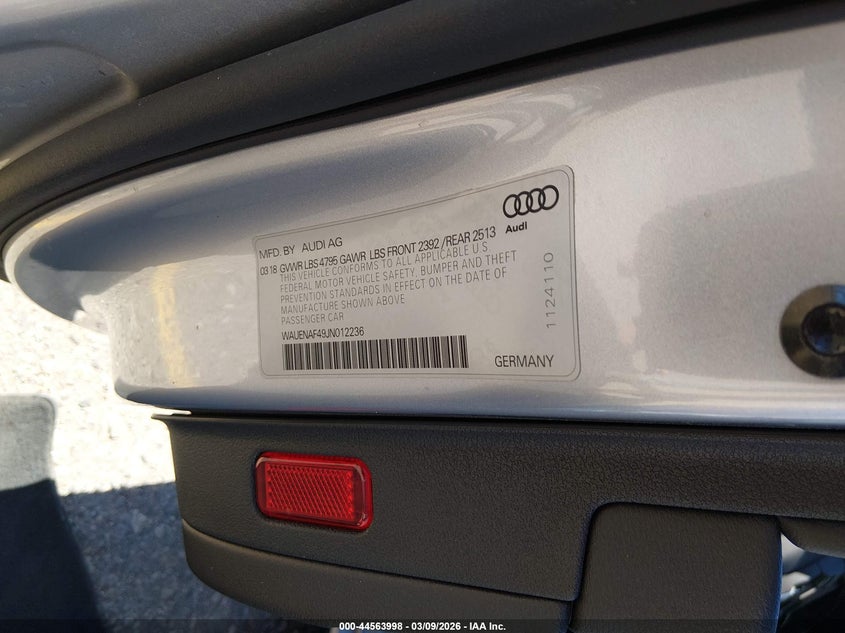 2018 Audi A4 VIN WAUENAF49JN012236 IAAI salvage auction — RIGHT FRONT, Salvage (Colorado), sold $3,200 on 2026-07-14 (photo 9)