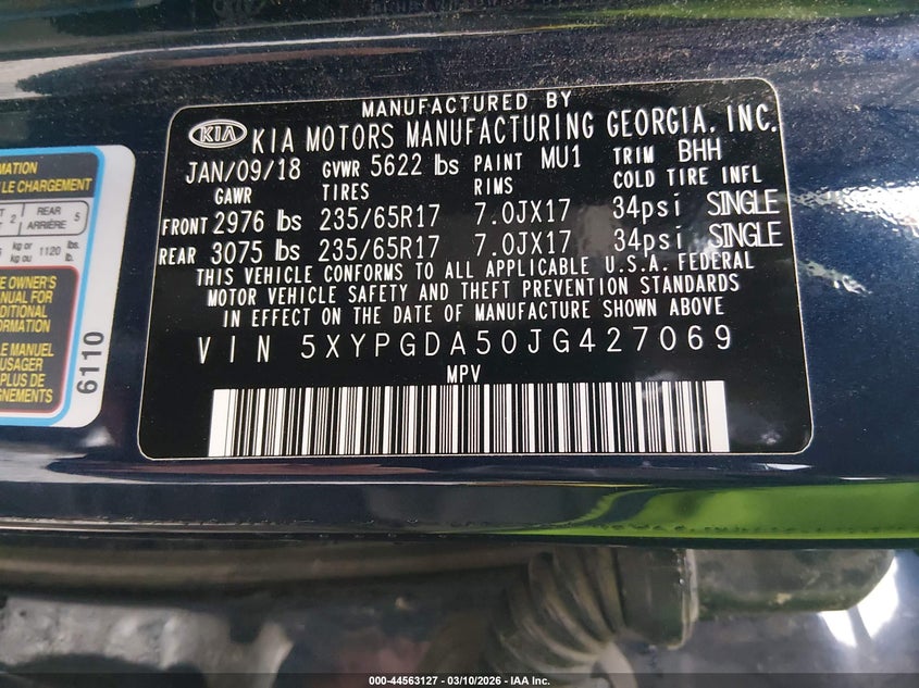 2018 Kia Sorento VIN 5XYPGDA50JG427069 IAAI salvage auction — FRONT END, Salvage Title, sold $2,000 on 2026-08-02 (photo 9)