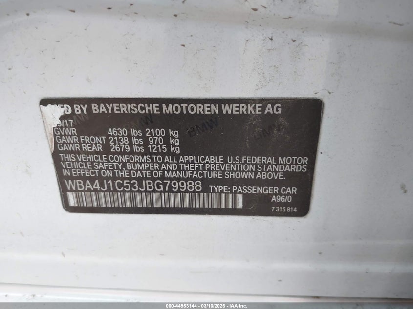 2018 BMW 4er VIN WBA4J1C53JBG79988 IAAI salvage auction — REAR END, Clear (Oklahoma), sold $7,500 on 2026-07-15 (photo 9)