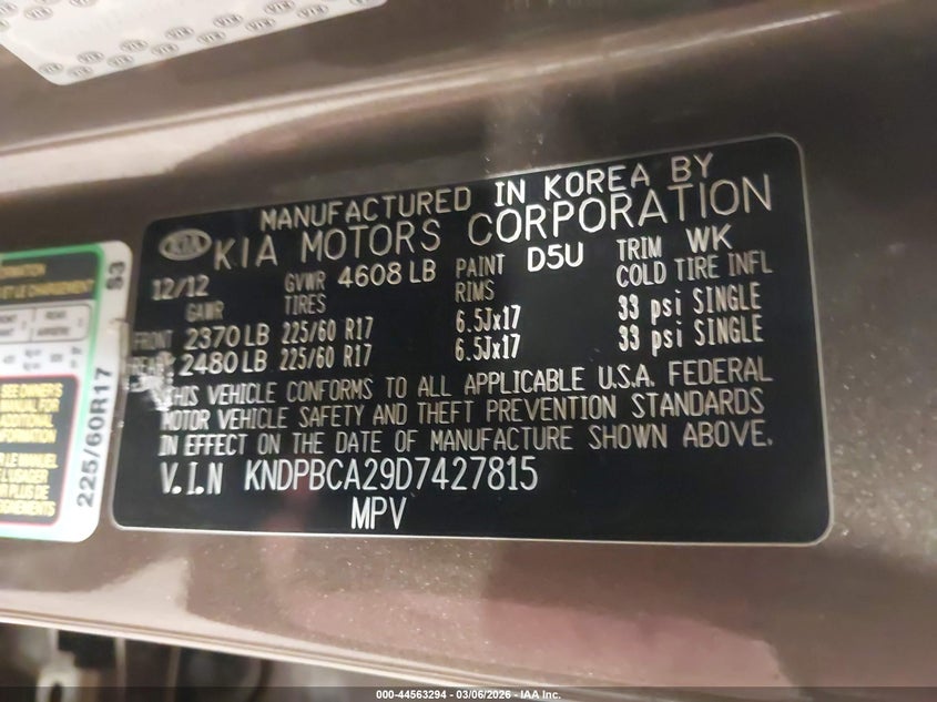2013 Kia Sportage VIN KNDPBCA29D7427815 IAAI salvage auction — LEFT FRONT, Regular (South Dakota), sold $3,200 on 2026-07-07 (photo 9)